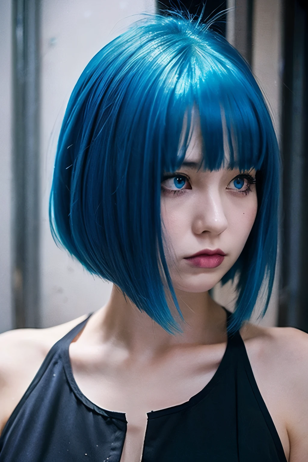 Blue hair, two-block short hair, 20-year-old girl, party girl style, gloomy expression