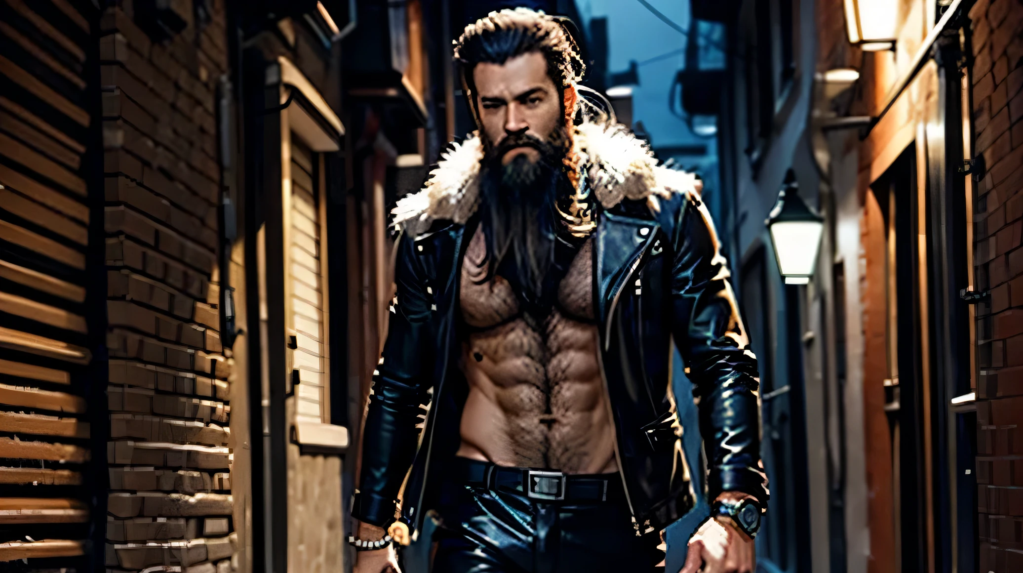 MAN 40 YEARS OLD WITH BEARD AND HAIRY CHEST WEARING LEATHER PANTS IN A DARK ALLEY
