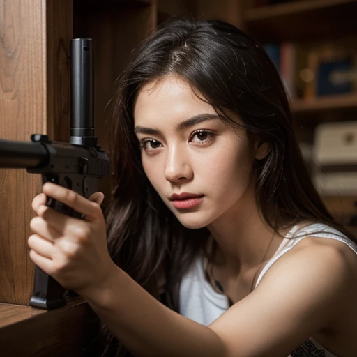 (highest quality,RAW Photos,16k), (sharp perspective:1.3), ((Girl holding a gun,)) , Beautiful Face, Cute expression, Aiming for the target睨みつける目, Strong and fleeting eyes, (((High precisionアサルトライフル))), Aiming for the target, Super Detail, High precision, high performance, A very long and straight barrel, Wooden grip))), cool, Precision machinery, war, Perfect design, Realistic, Ultra-high precision, Highest quality,