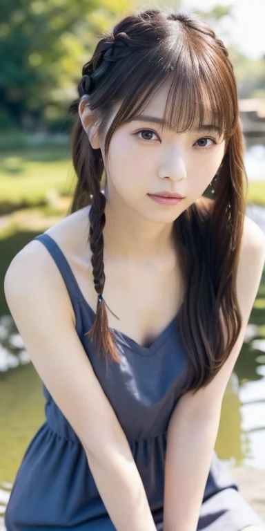 1 Japanese female, 30 years old, Very beautiful, (very cute), (Very detailed美しい顔), Great face and eyes,(Flower Hair Ornaments,Braided top knot,Twisted Side Part Ponytail Braided Headband,Half Up、Braided Space Van,Voluminous fishtail braid,Twisted pan),(The bangs are see-through),, My eyes got a little brighter, Normal makeup, (Tight camisole mini dress), (highest quality:1.4), (Very detailed), Very detailed CG 統合 8k 壁紙, Surreal, (Photorealistic:1.4), Raw photo, Professional photography, Cinema Lighting, Realistic portraits,  (Depth of written boundary:1.4), (View Photographer:1.3), (In a park with a pond), Small breasts、Faint cleavage、, Very small waist, (Whole Body Ezbian), Accurate Eyes, Beautiful mouth, (Keep your mouth completely closed), (evening:1.3), (Looking at the camera), (Amazing sunset:1.25), Sleeveless, Melancholic expression、A photo showing you from head to knees