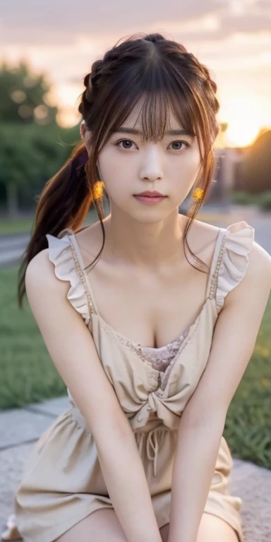 1 Japanese female, 30 years old, Very beautiful, (very cute), (Very detailed美しい顔), Great face and eyes,(Flower Hair Ornaments,Braided top knot,Twisted Side Part Ponytail Braided Headband,Half Up、Braided Space Van,Voluminous fishtail braid,Twisted pan),(The bangs are see-through),, My eyes got a little brighter, Normal makeup, (Tight camisole mini dress), (highest quality:1.4), (Very detailed), Very detailed CG 統合 8k 壁紙, Surreal, (Photorealistic:1.4), Raw photo, Professional photography, Cinema Lighting, Realistic portraits, (Depth of written boundary:1.4), (View Photographer:1.3), (In a park with a pond), Small breasts、Faint cleavage、, Very small waist, (Whole Body Ezbian), Accurate Eyes, Beautiful mouth, (Keep your mouth completely closed), (evening:1.3), (Looking at the camera), (Amazing sunset:1.25), Sleeveless, Melancholic expression、A photo showing you from head to knees