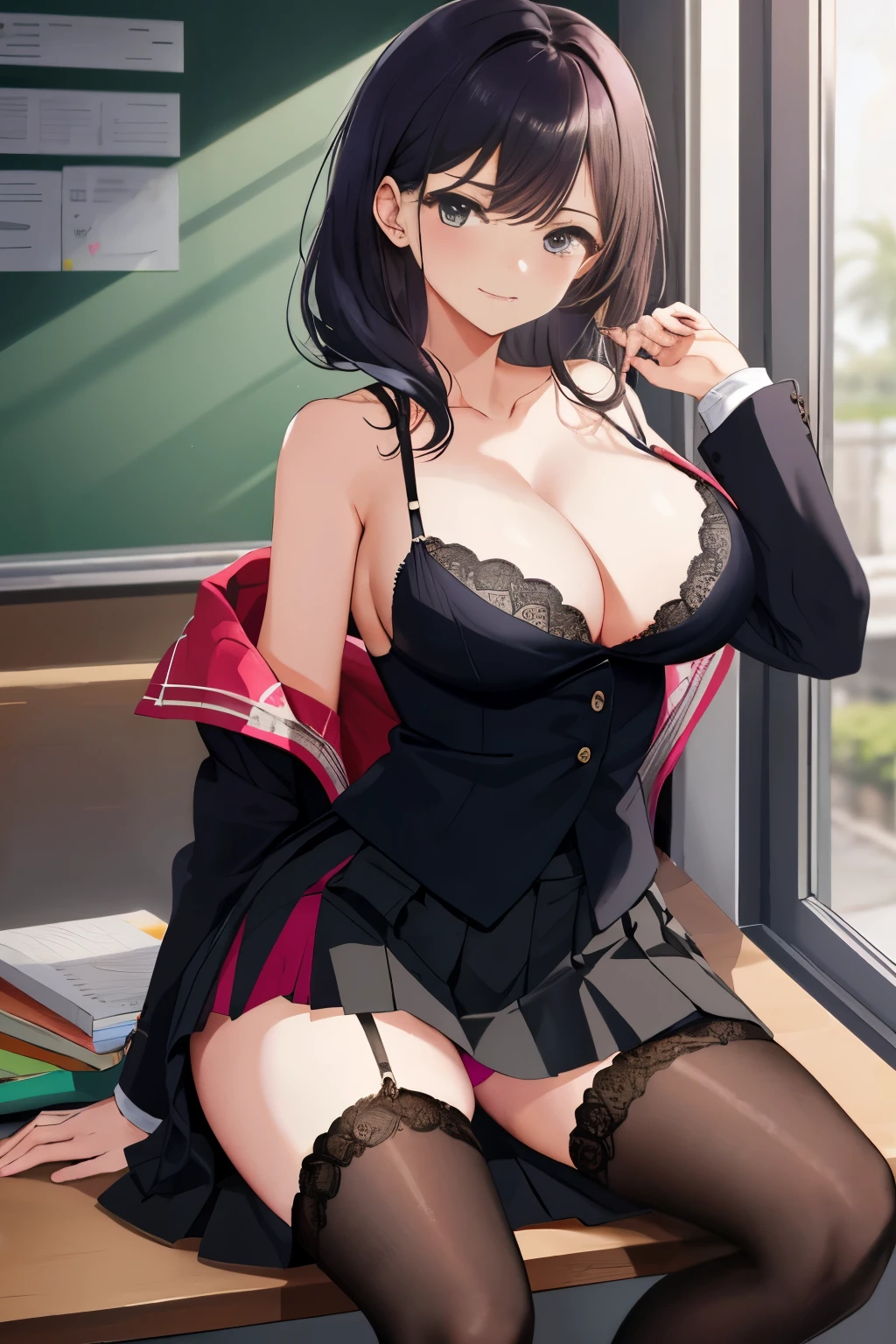 , teacher girls , girl wears suit and silk lingerie1.3,off shoulder, cleavage breasts, Full breasts, {{{large breasts}}}, Contempt Smile, , humiliated, Shameful face, lift up skirt, hold panty:1.4, upskirt
