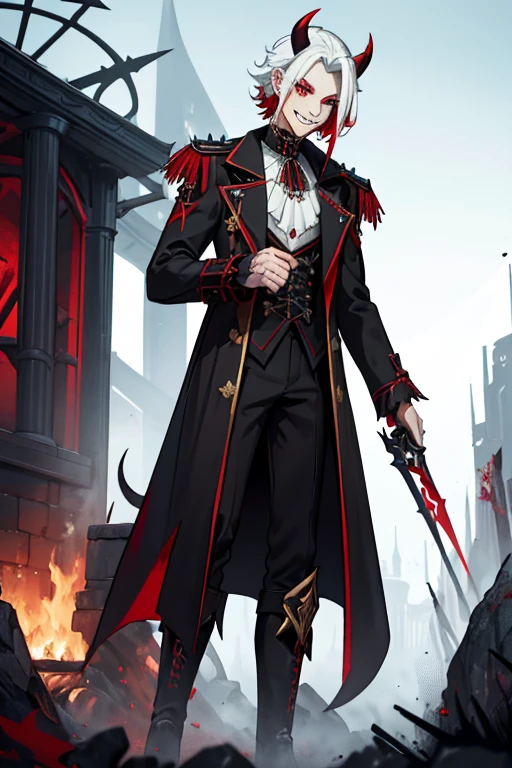 male. white shoulder length hair, red eyes, black curved horns, pale blue skin, demon, (((1boys))), (((black gothic coat with red trim))), (gold shoulder guards), (black pants), (white shirt), (black knee high boots with gold trim), handsome, smiling, sharp teeth, single person