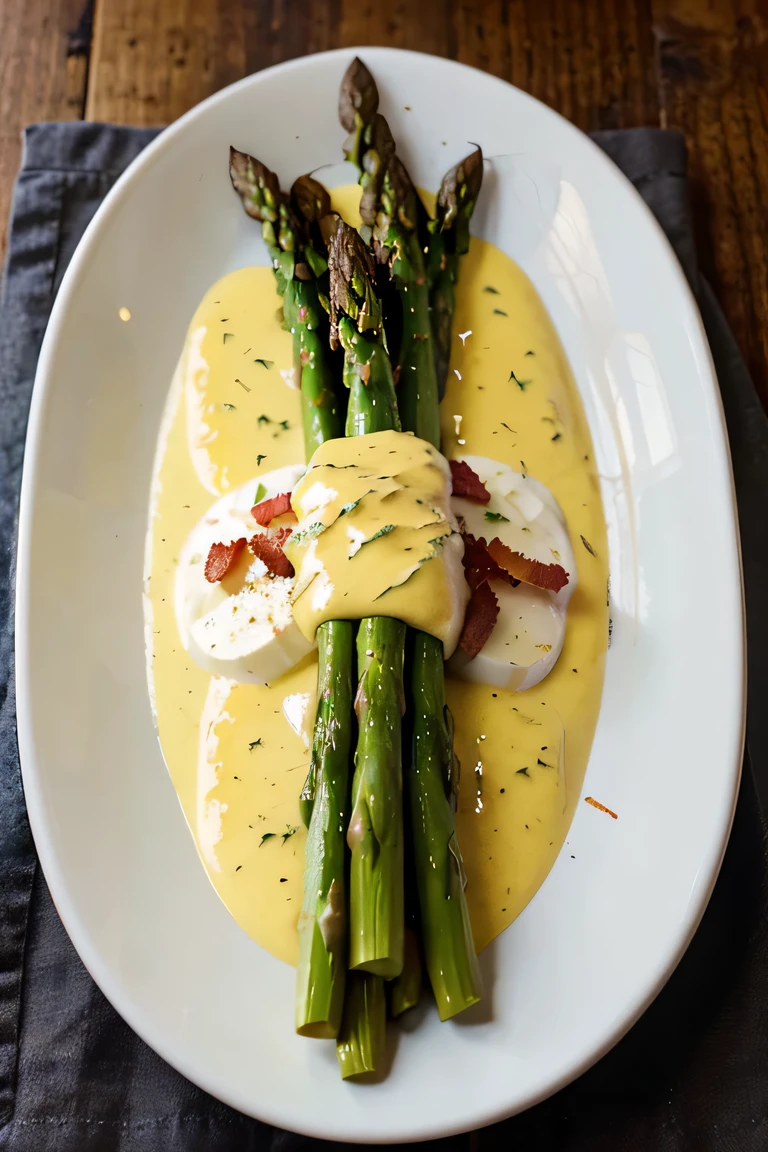 Bacon-wrapped asparagus topped with hollandaise sauce