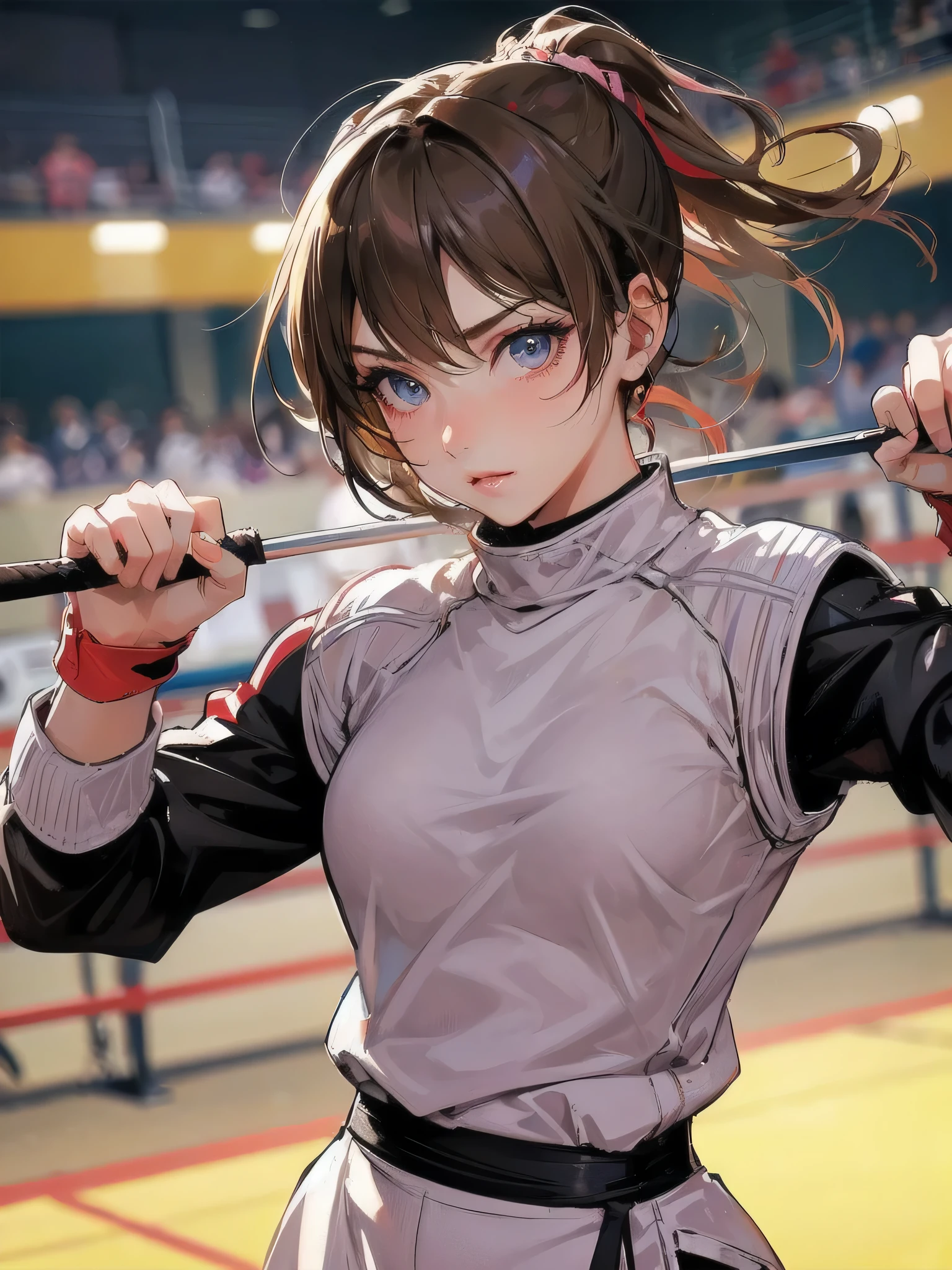 high quality,HD,16k,sharp lines,1 girl,Female fencing athlete ,cute face, large breasts, nice legs,At the fencing venue,focus girl,detailed beautiful face,detailed clothes,beautiful eyes,cool,dynamic angle