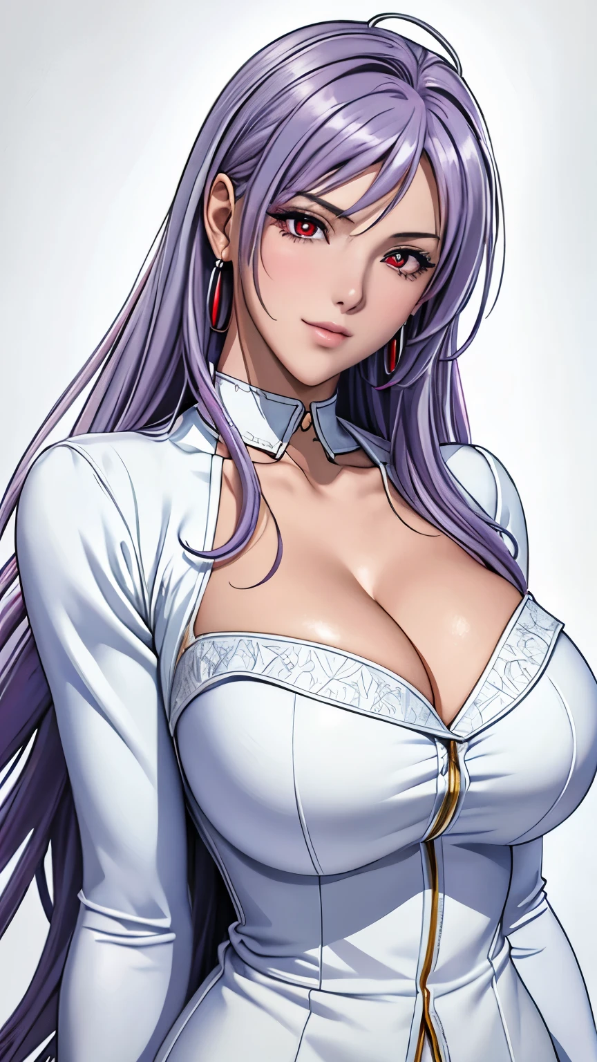 red eyes, (highest quality, masterpiece painting:1.3), immature woman, 16 years old, (half body shot), masterpiece, ultra high resolution, (Photoreal:1.0), ((light purple hair)),straight hair, beautiful shining hair, white and shining skin, ((Ultra realistic details)), octane rendering, highly detailed face, (big breasts:0.8), sexy pose,White gold sequin long dress studded with silver,white fur coat,Gift Ribbon,More about neon colors,Put it in a nice photo frame and display it, open neckline, cleavage, perfect body, soft skin, silver earrings, (pure white background:1.4), sharp focus, intricate details, professional artwork, (bright colors:1.1), bright colors, diffused lighting, digital blending, ultra-definition body, ultra detail hair, super detailed face, that&#39;It&#39;s trending on pixiv, top button open, Cute gaze, compensate, perfect lips, perfect compensate, Ultra-precision coating, (light_smile:0.8), (smugness:1.2),blush your nose,