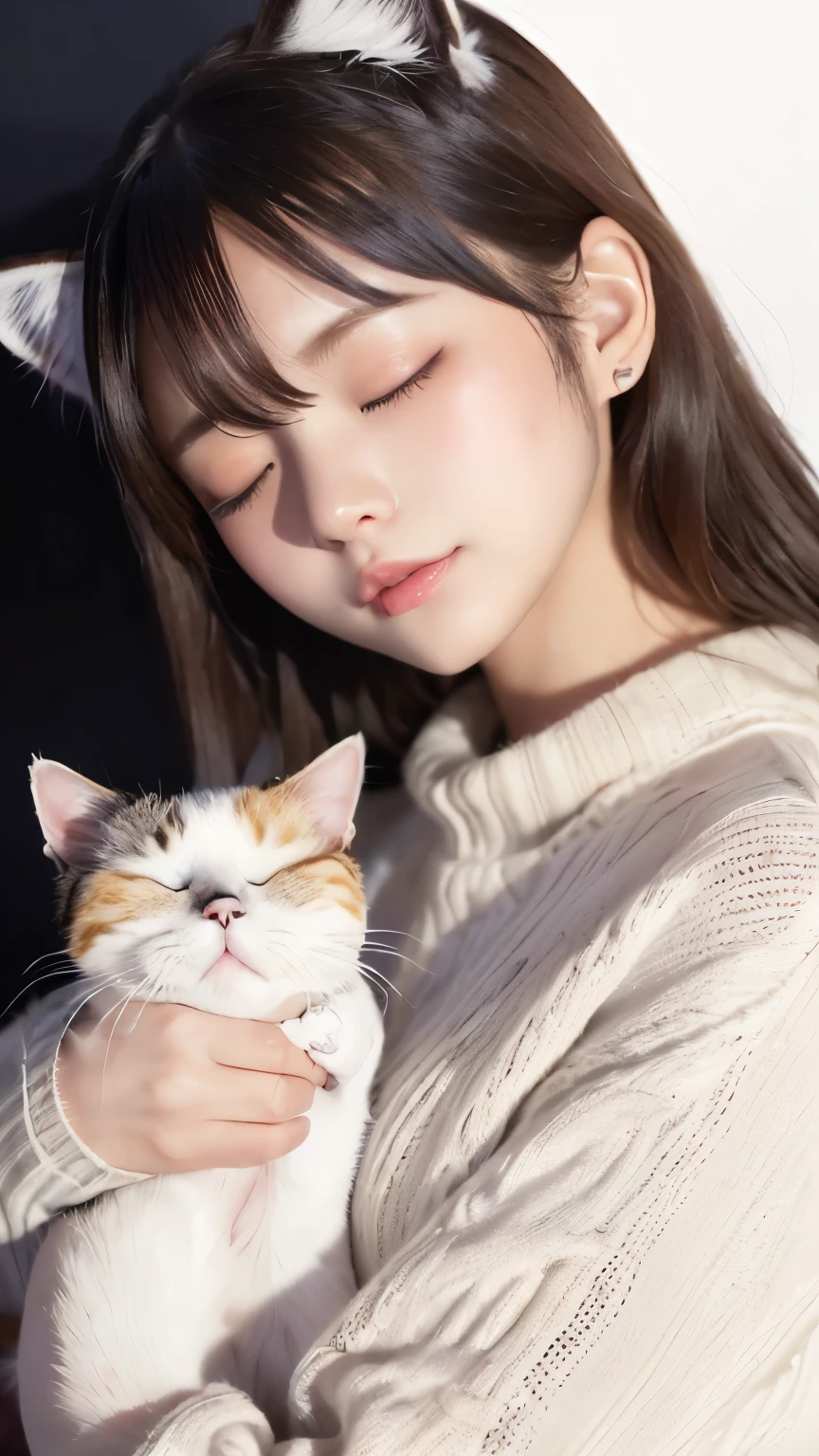 masterpiece, 4K, Bokeh, (cute:1.5), (beautiful girl:1.3), (Japanese Idols:1.6), (Cat ear:1.3) , (sweater:1.3), (I like cats:1.6), Blushed, (Holding a sleeping white cat:1.5), (Kiss the cat:1.3), (White Background :1.4),