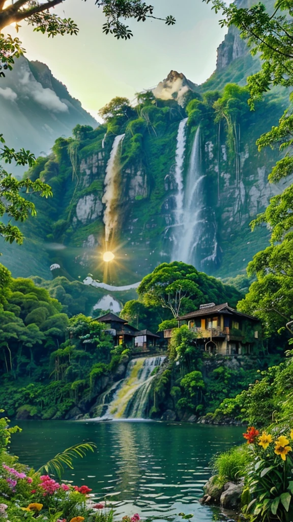 House in the jungle in front of the lake and waterfall nearby mountain with sun set and flowers