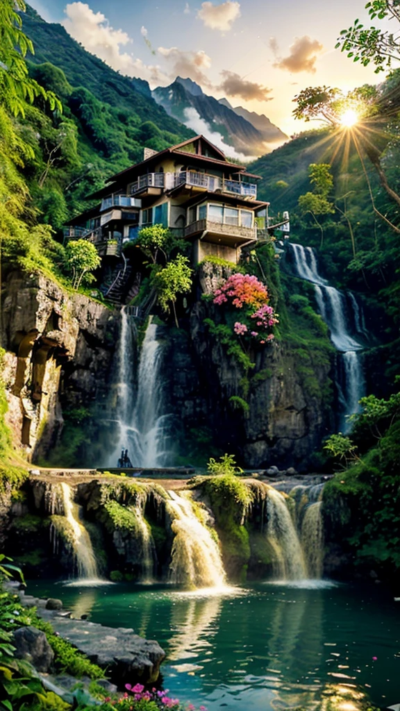 House in the jungle in front of the lake and waterfall nearby mountain with sun set and flowers 