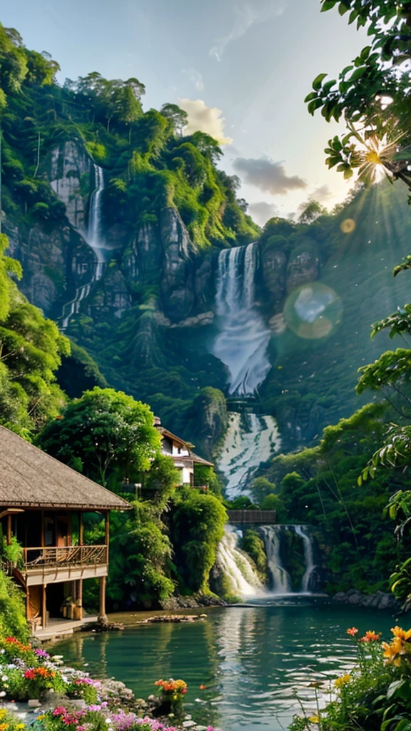 House in the jungle in front of the lake and waterfall nearby mountain with sun set and flowers
