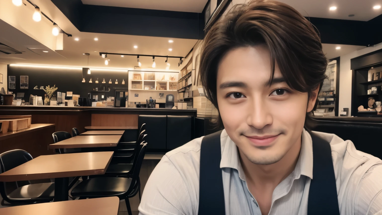 musician、Refreshingly handsome man in his 40s、（Super cool S-class guy）、Japanese Male, 40 years old、、Photographed inside the cafe、a handsome guy、（CG Unity 8K high resolution photo）、（Very detailedＳクラスのa handsome guy性）、（Realistic）、（highest quality））、Very detailed、super high quality、expensive、audience、kind person、Very beautiful hair　Perm Hair、Bright photo、Handsome like a model、Handsome like an idol、Looking at the camera、inside a stylish cafe、Stubble