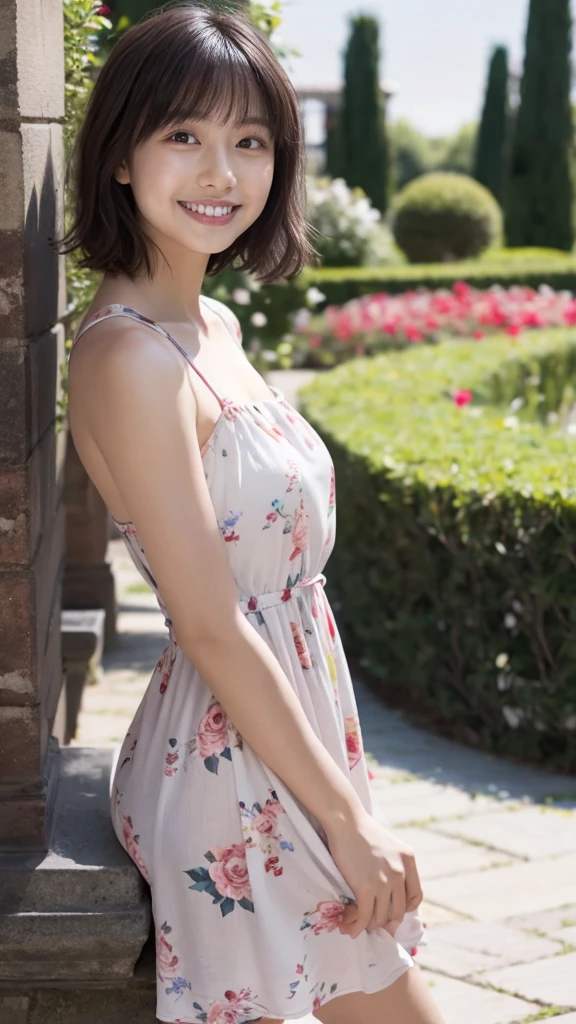 masterpiece, highest quality, disorganized, perfect anatomy, 1 girl, alone, pascal tales, short hair, beautiful, Hilarious, sunny day, botanical garden, Summer winds, sundress, Floral, wavy hair, smile
