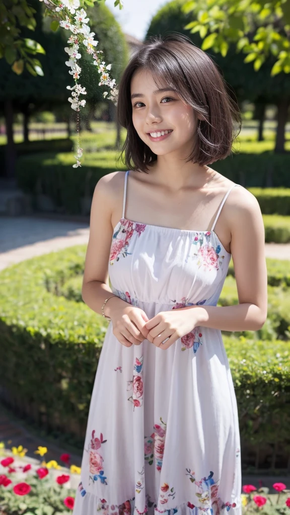 masterpiece, highest quality, disorganized, perfect anatomy, 1 girl, alone, pascal tales, short hair, beautiful, Hilarious, sunny day, botanical garden, Summer winds, sundress, Floral, wavy hair, smile