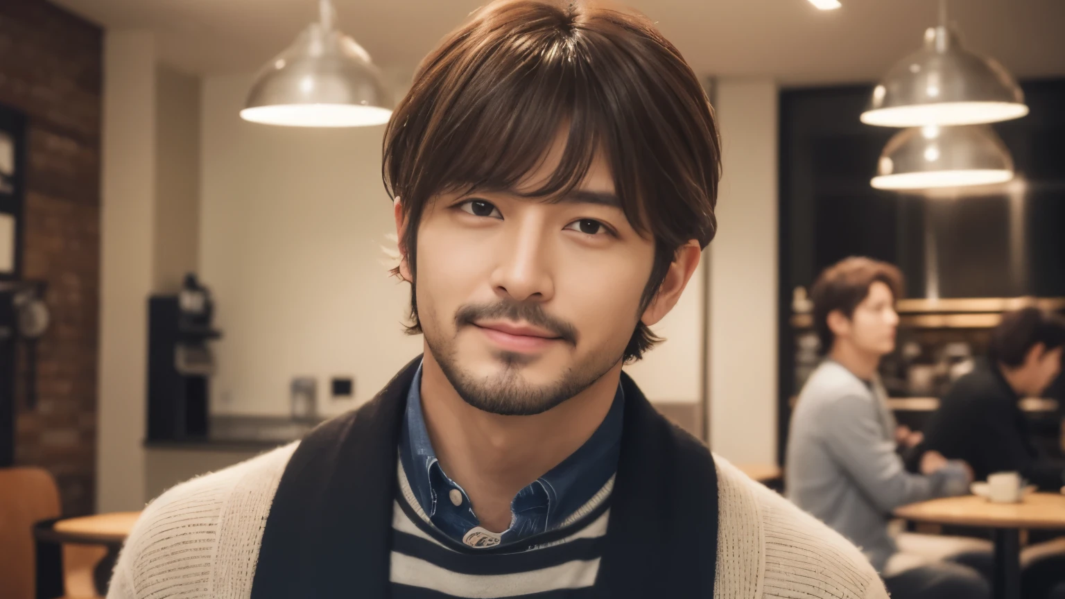 musician、Refreshingly handsome man in his 40s、（Super cool S-class guy）、Japanese Male, 40 years old、、Photographed inside the cafe、a handsome guy、（CG Unity 8K high resolution photo）、（Very detailedＳクラスのa handsome guy性）、（Realistic）、（highest quality））、Very detailed、super high quality、expensive、audience、kind person、Very beautiful hair　Perm Hair、Bright photo、Handsome like a model、Handsome like an idol、Looking at the camera、inside a stylish cafe、Stubble