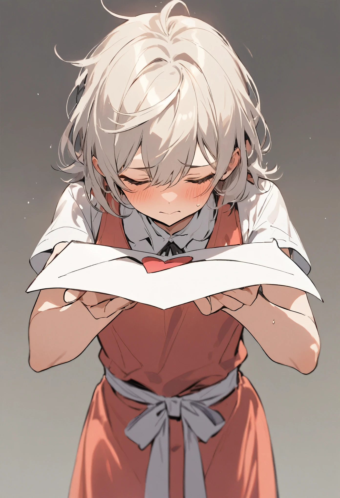 Shy male character stretching arms forward delivering love letter
