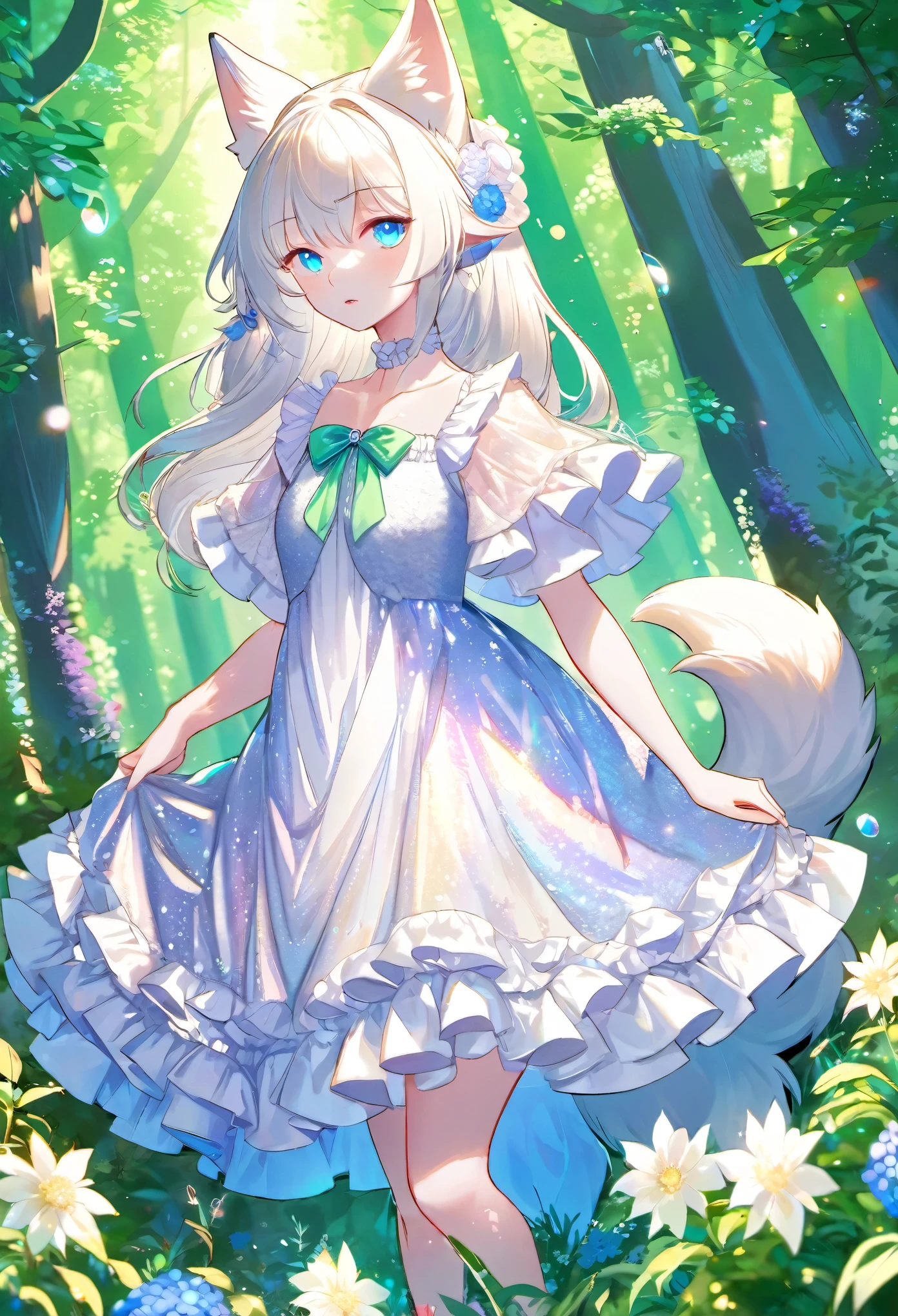 best quality, super fine, 16k, incredibly absurdres, extremely detailed, cute white wolf beast girl, big ears, iridescent blue eyes, wearing cute frilly dress with white frills, background flowers in full bloom, fresh green forest, and sparkling sunlight