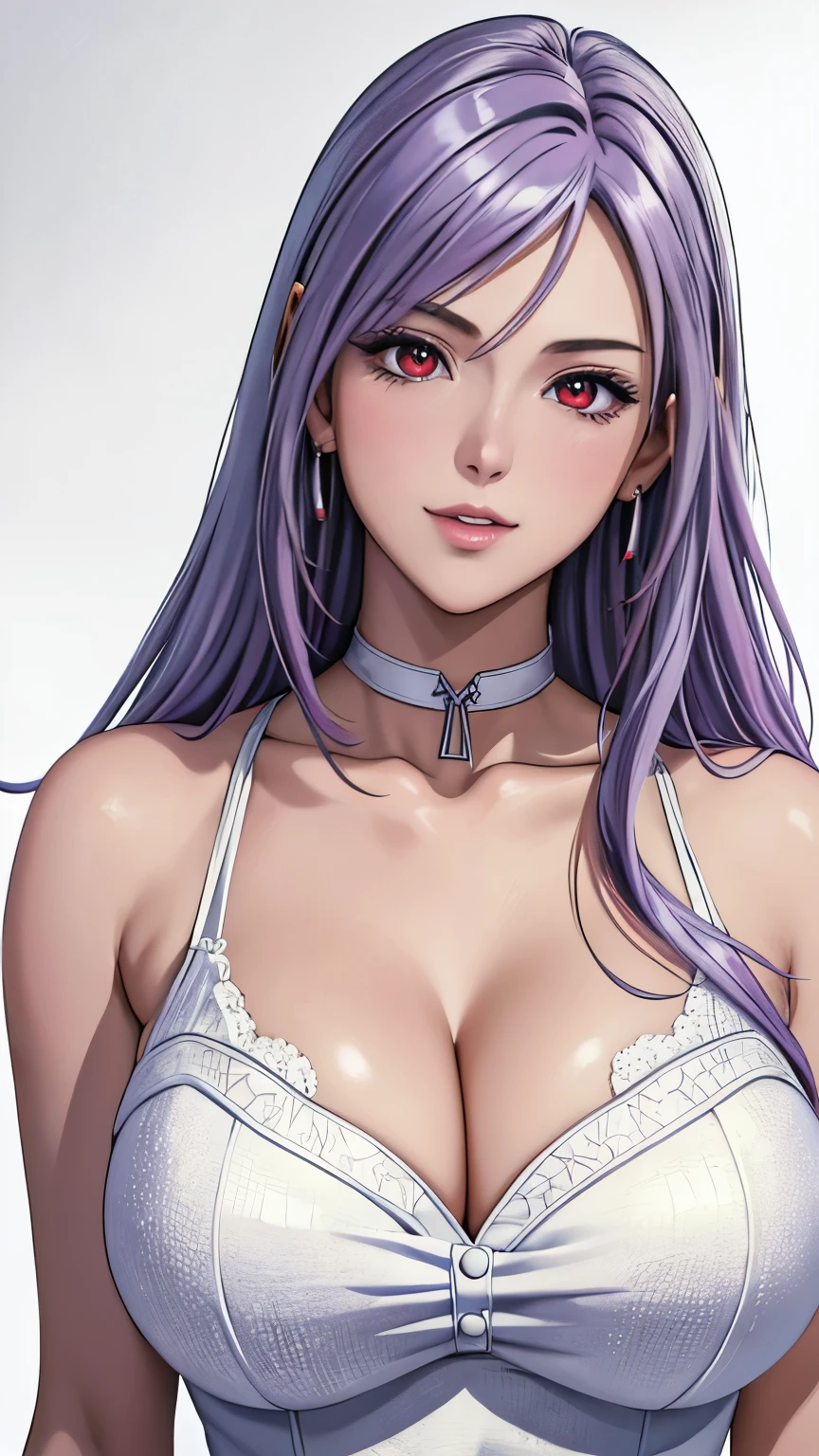 red eyes, (highest quality, masterpiece painting:1.3), immature woman, , (half body shot), masterpiece, ultra high resolution, (Photoreal:1.0), ((light purple hair)),straight hair, beautiful shining hair, white and shining skin, ((Ultra realistic details)), octane rendering, highly detailed face, (big breasts:0.8), sexy pose,White gold sequin long dress studded with silver,white fur coat,Gift Ribbon,More about neon colors,Put it in a nice photo frame and display it, open neckline, cleavage, perfect body, soft skin, silver earrings, (pure white background:1.4), sharp focus, intricate details, professional artwork, (bright colors:1.1), bright colors, diffused lighting, digital blending, ultra-definition body, ultra detail hair, super detailed face, that&#39;It&#39;s trending on pixiv, top button open, Cute gaze, compensate, perfect lips, perfect compensate, Ultra-precision coating, (light_smile:0.8), (smugness:1.2),blush your nose,