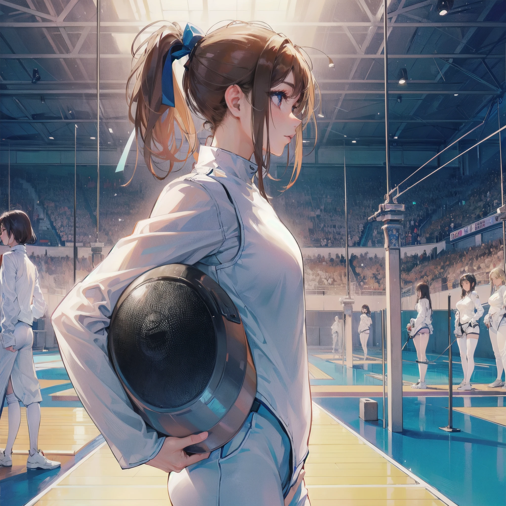 high quality,HD,16k,sharp lines,1 girl,Female fencing athlete ,cute face, large breasts, nice legs,At the fencing venue,focus girl,detailed beautiful face,detailed clothes,beautiful eyes,cool,dynamic angle