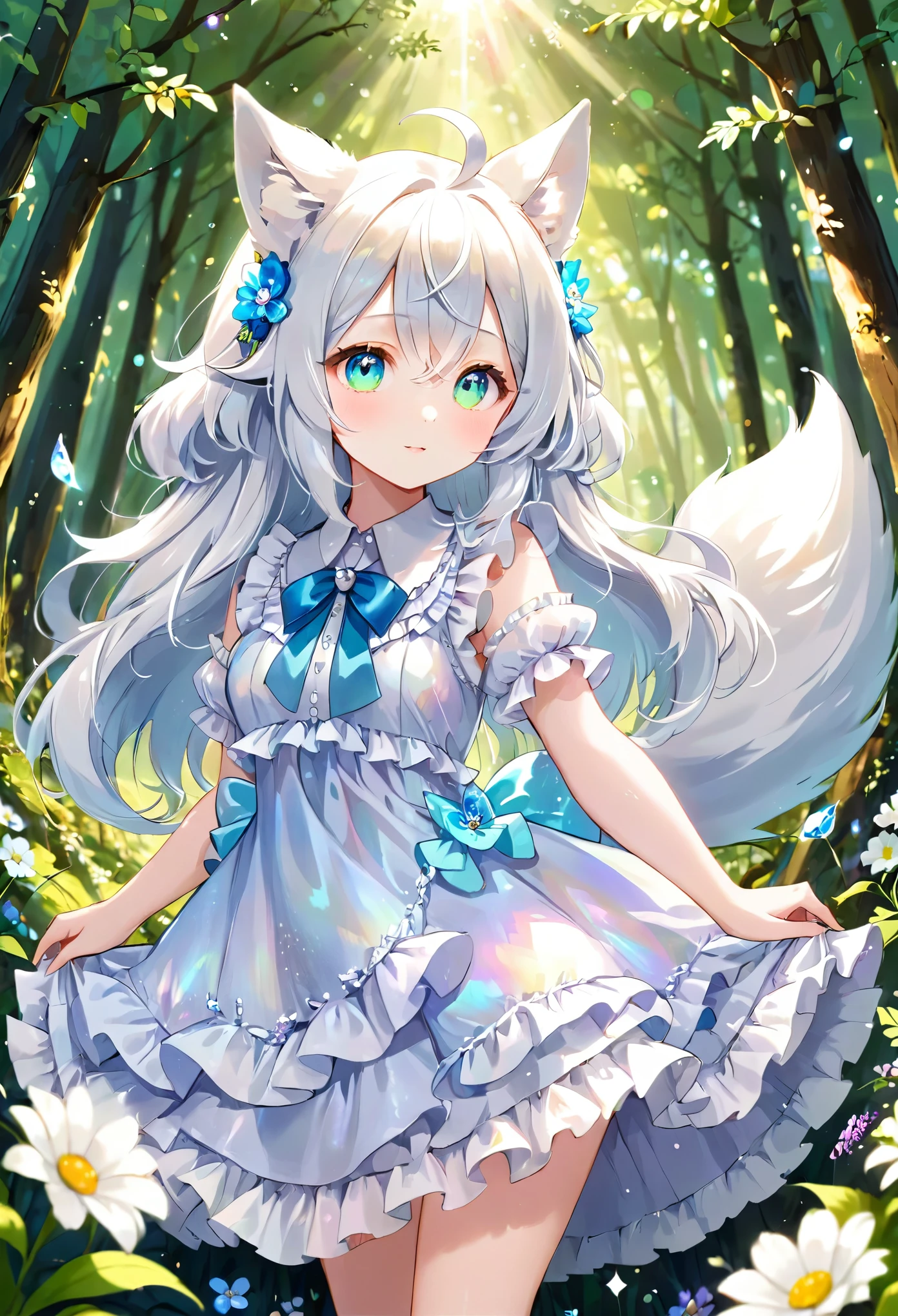 best quality, super fine, 16k, incredibly absurdres, extremely detailed, cute white wolf beast girl, big ears, iridescent blue eyes, wearing cute frilly dress with white frills, background flowers in full bloom, fresh green forest, and sparkling sunlight