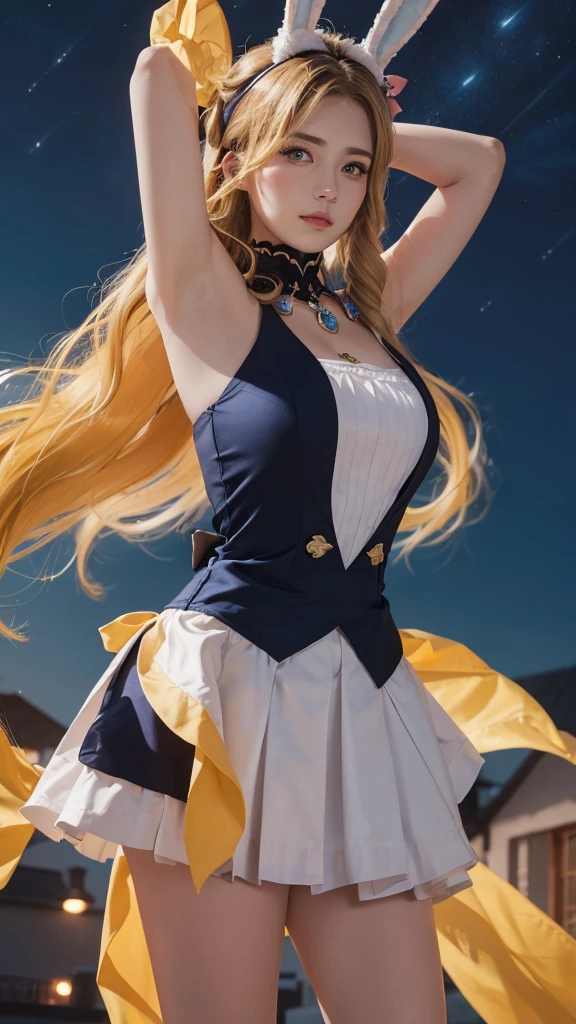 8K,highest quality,Big full moon background night,Beautiful and detailed night sky floating,masutepiece:1.2),(Realistic,Realism:1.37),highest quality,masutepiece,beautiful,A pensive expression,charming、seductive appearance,Cute maid outfit,Hair tied behind the head, blonde,blond,long hair,curls,blue eyes,background, light skin tone,Wearing a pink bunny ears headband,arms raised、armpit、(top down:1.2)