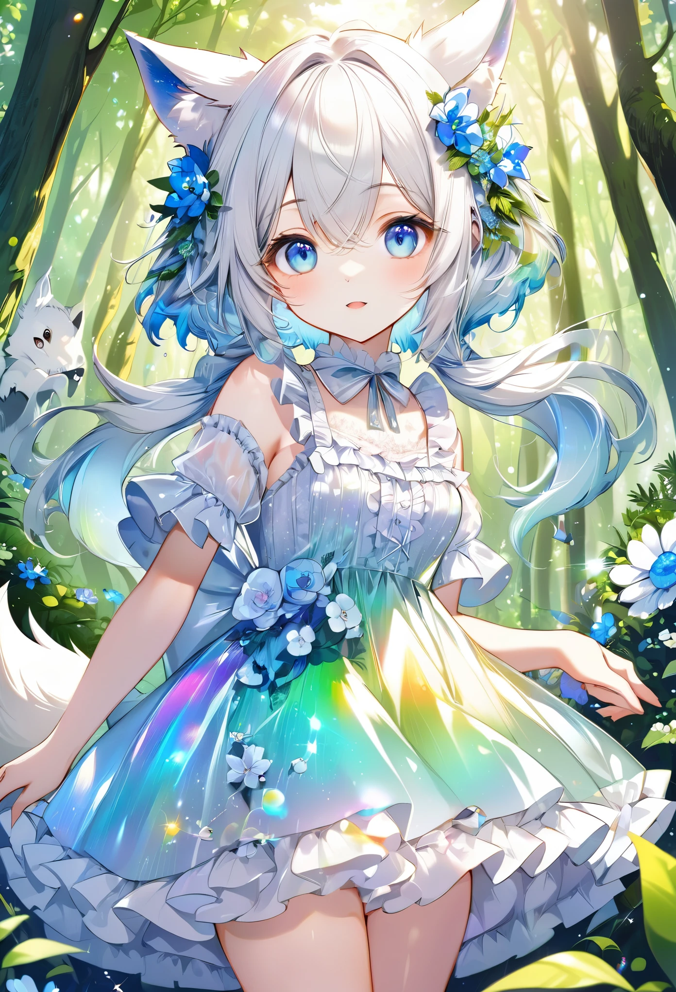 best quality, super fine, 16k, incredibly absurdres, extremely detailed, cute white wolf beast girl, big ears, iridescent blue eyes, wearing cute frilly dress with white frills, background flowers in full bloom, fresh green forest, and sparkling sunlight