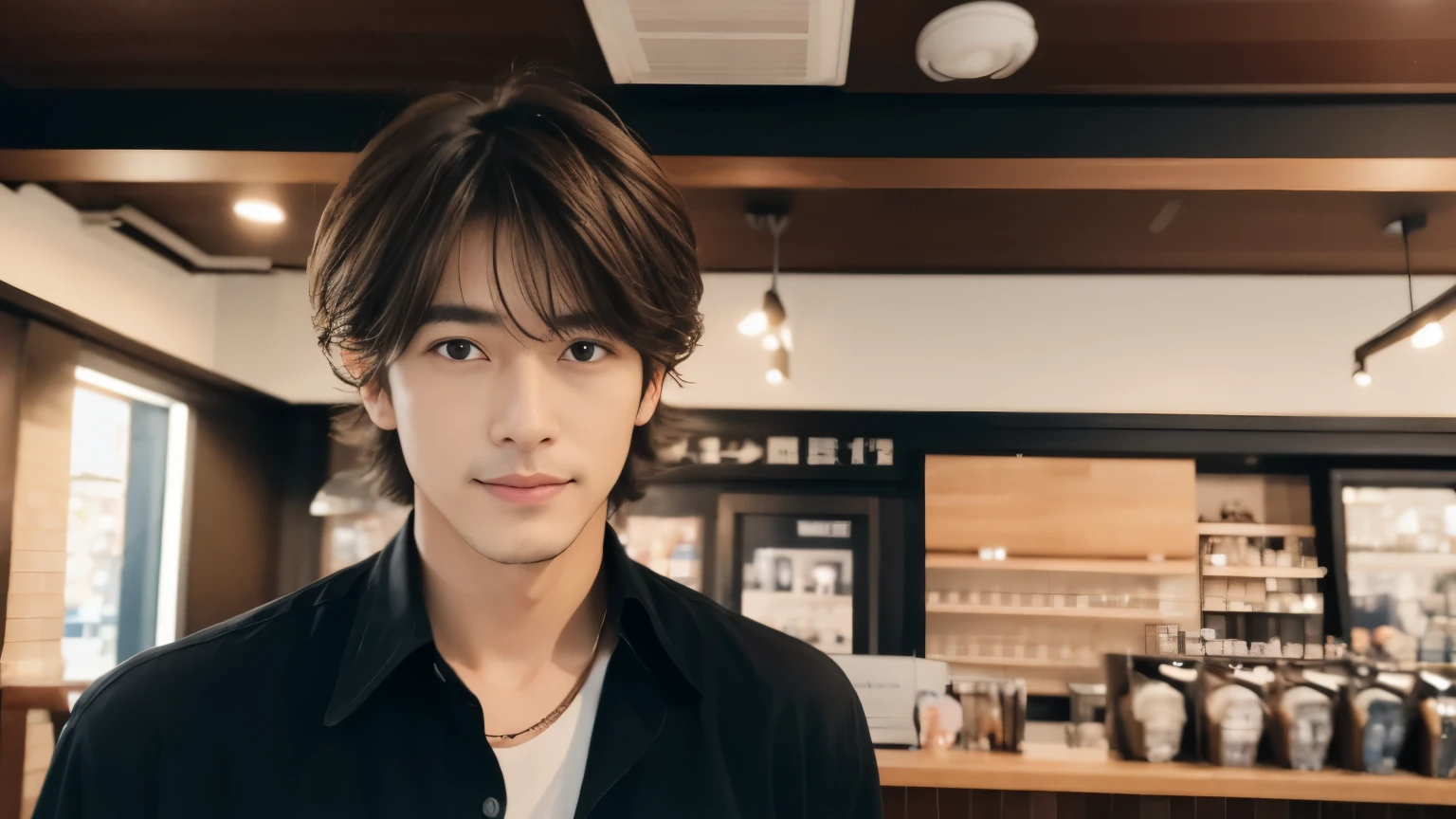 musician、Refreshingly handsome man in his 40s、(Super cool S-class guy)、Japanese Male, 40 years old、、Photographed inside the cafe、a handsome guy、(CG Unity 8K high resolution photo)、(Very detailedSクラスのa handsome guy性)、(Realistic)、(highest quality))、Very detailed、super high quality、expensive、audience、kind person、Very beautiful hair Perm Hair、Bright photo、Handsome like a model、Handsome like an idol、Looking at the camera、inside a stylish cafe、Stubble