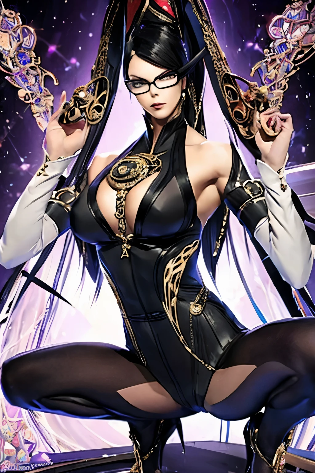 (masterpiece), best quality, expressive eyes, perfect face, BAYONETTA,open_thighs,squatting,