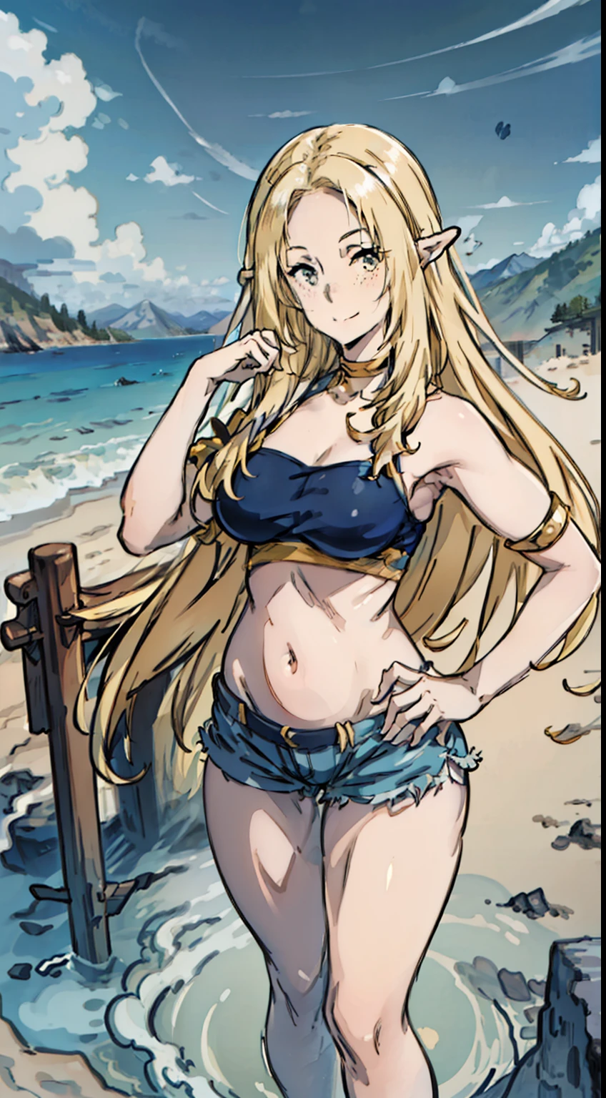 (totally topless, topless), white thong, looking at the viewer, upper body view, (standing, blushing), ((both hands on chest)), (crossed arms), (both arms on chest), Ino yamanaka, looking away, ultra detailed face, floating hair, hot weather, anime style, (solo), (topless), detailed beach side, cleavage, (medium breasts, medium boobs), blonde, ((one eye covered with hair, hair over eye)), looking at the viewer, thick arms, (off-shoulders, wide shoulders, very little biceps), hidden eye, smile, open mouth, very happy, tall, hair clip, happy look, sharp face, sharp eye, long neck, groin, belly button, cold colors, double bra, thighs, (ultra detailed green eye, white sciera)
