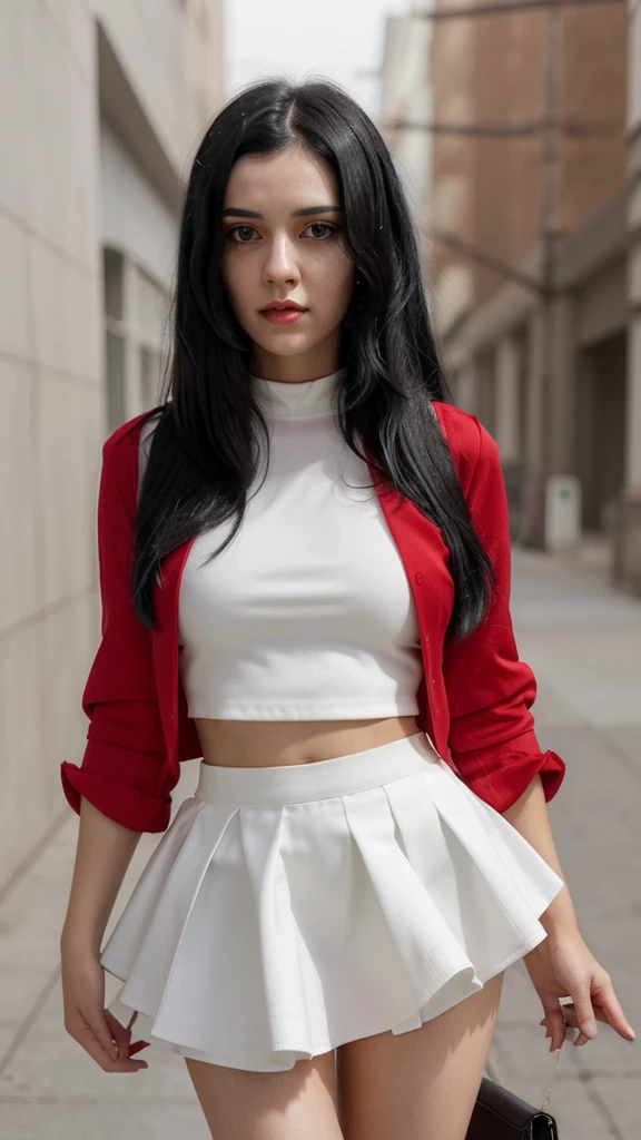 Make a woman with straight black hair wearing a red outfit and white skirt