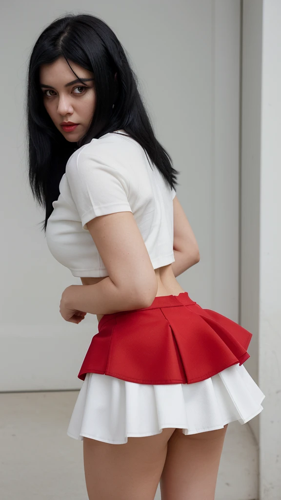 Make a woman with straight black hair wearing a red outfit and white skirt