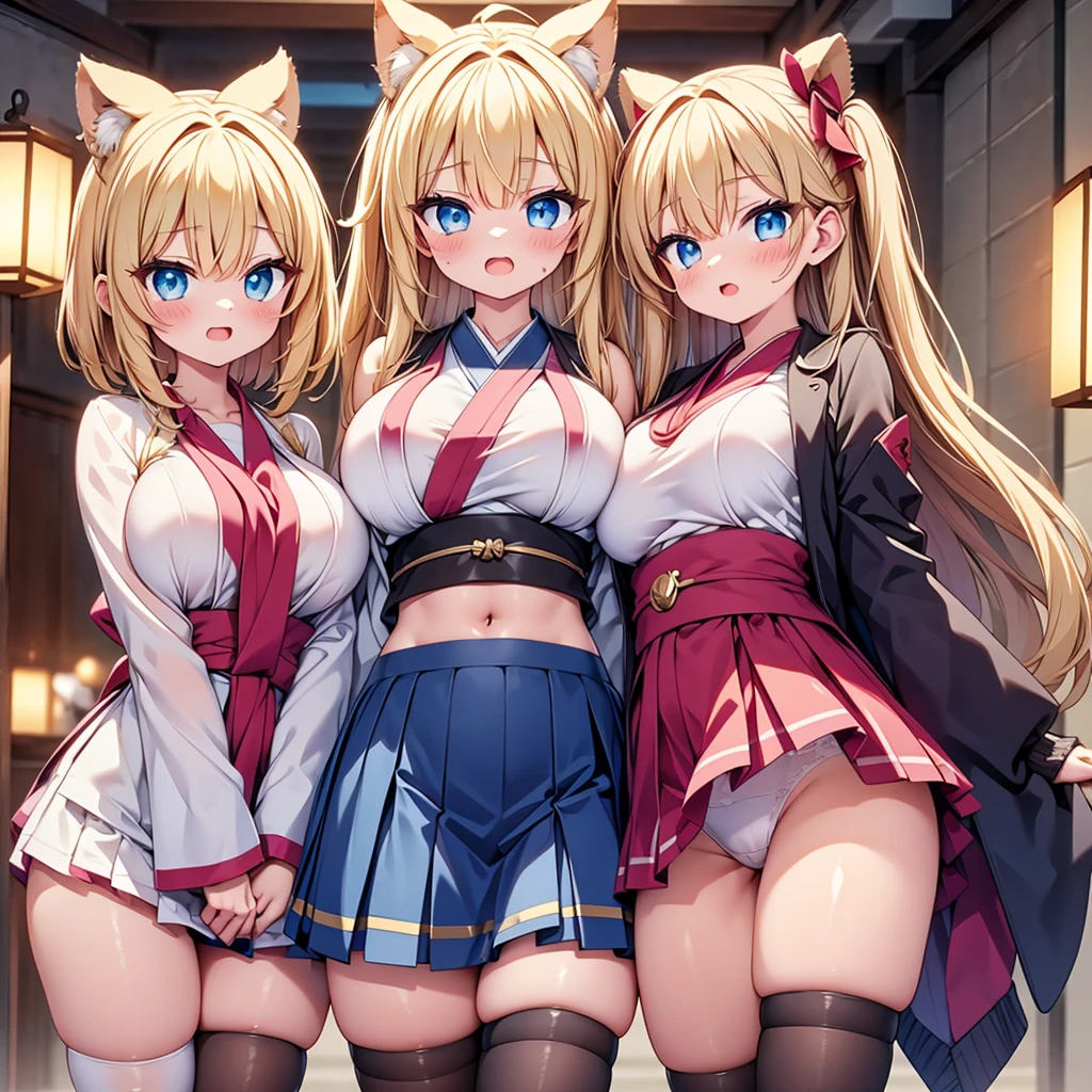 (cute eyes:1.2), (sparkling eyes:1.2), highest quality,wonderful,finely,extremely detailed CG Unity 8K wallpaper, (Stand in line:1.2), (3 girls, cute eyes, japanese miko, clothed), (??????????????), (Underboob:1.1), (open mouth:1.1), (long tongue:1.1), (mouth drool:1.1), (black stockings:1.1),(Thighs:1.1),(Waistline:1.1)