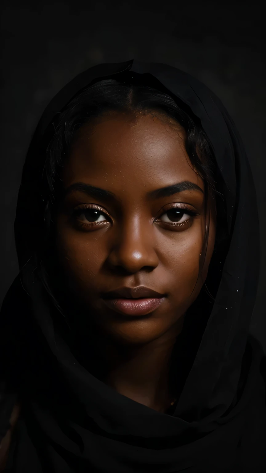 A close-up of an african beautifully woman with beautiful chest in bras, partially enveloped in a flowing, dark fabric. Only one of her eyes is visible, which contrasts sharply with the surrounding dark hues. The fabric swirls around her, creating a mysterious and ethereal ambiance. The background is predominantly dark, emphasizing the subject and adding to the enigmatic mood of the image. Background is totally dark black, portrait photography, photo, cinematic, vibrant, dark fantasy