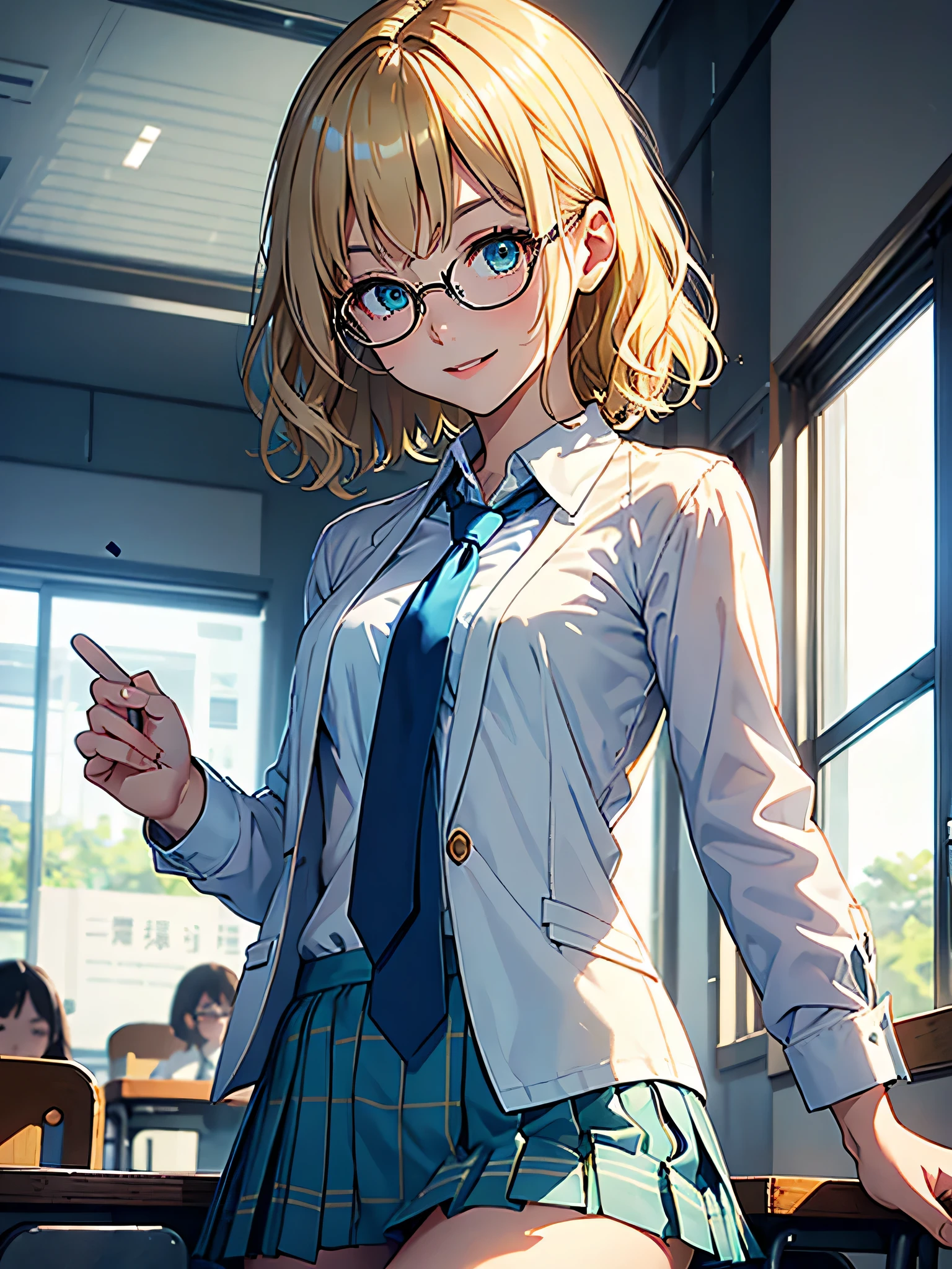 masterpiece, highest quality、girl、student、short hair、Wavy Hair、blonde、green eyes、slender、Small breasts、White blouse、Blue tie、Cream-colored blazer、Blue checked skirt、Glasses、smile、classroom、Upper Body