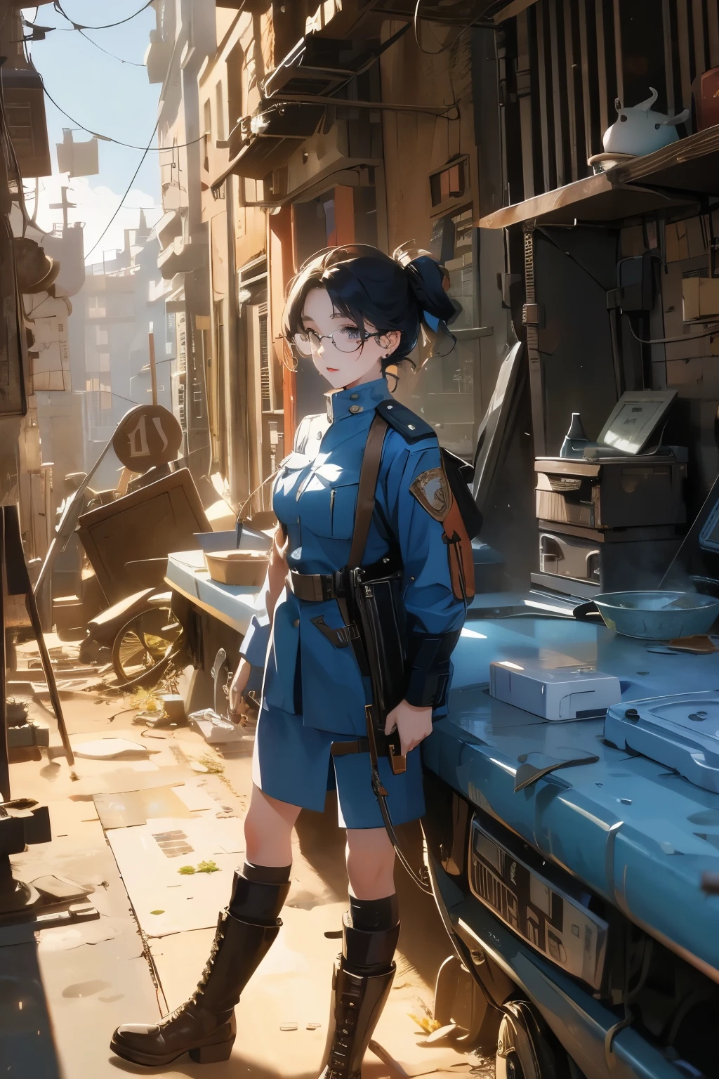 Wide angle, a pretty girl messenger, wearing large glasses, undercut hair, wearing postal uniform, in a post-apocalyptic world
