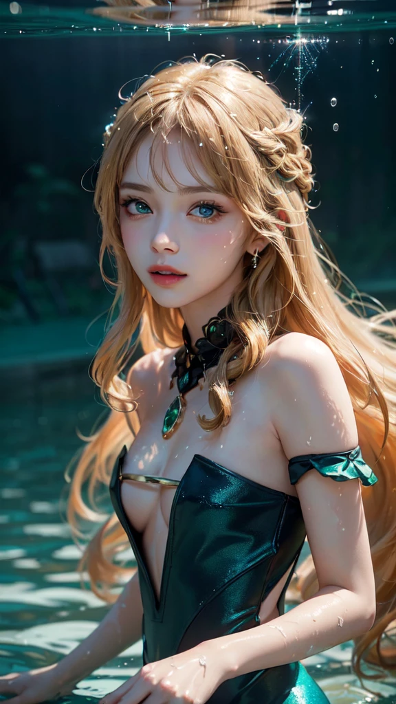 (best quality,4k,8k,high resolution,masterpiece:1.2),Super detailed,lifelike,portrait,Beautiful detailed blue eyes,Beautiful detailed lips,extremelydetailedeyesandface,long eyelashes,young girl,under water swimming,Submerged in crystal clear waters,blond,long hair,Flowing hair,sparkling sunshine,Sparkling bubbles,a peaceful and serene atmosphere,graceful movements,Soft and ethereal lighting,emerald green background,bright colors,water ripples,Capture the moment perfectly