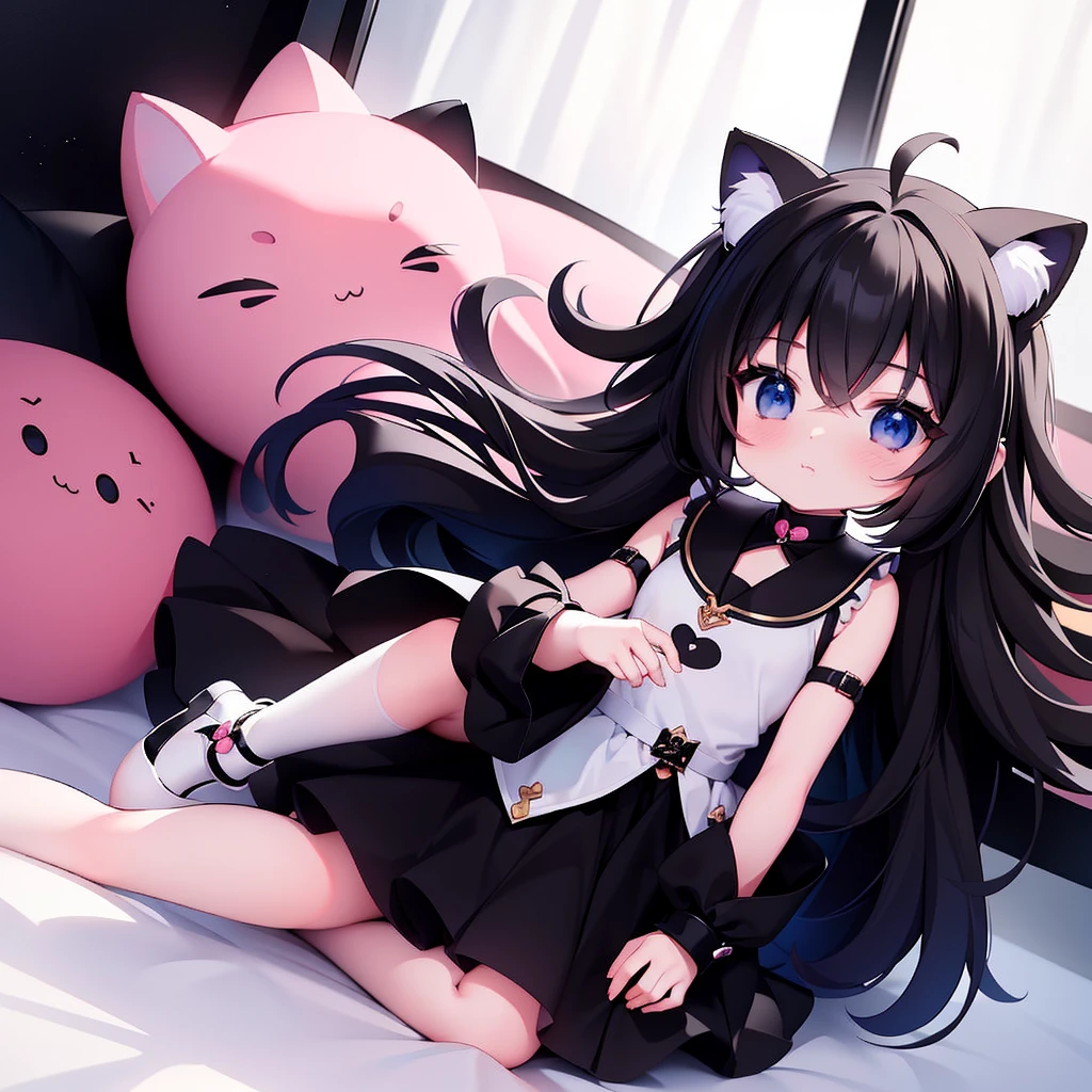 ((Best quality)), ((Masterpiece)),1 girl， animemanga girl， body type，Very short in height，Black color hair，a black skirt，Cat ears，Fierce expression