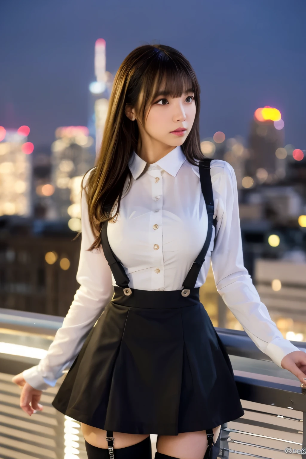 ((Midnight, highest quality, 8k, masterpiece :1.3)), whole body, Long legs, Sharp focus :1.2, Beautiful woman with perfect figure :1.4, Slim Abs :1.1, ((Dark brown hair, Big Breasts :1.2)), (White tight T-shirt, Jean Bib, Are standing:1.2), ((Night city view, rooftop:1.3)), Very detailedな顔と肌の質感, Fine grain, Double eyelids one girl,highest quality,masterpiece,figure,Very delicate and beautiful,CG,Unity,8k wallpaper,wonderful,In detail,masterpiece,Official Art,Very detailed CG Unity 8k wallpaper,Incredibly absurd,Large file size,Very detailedな,High resolution,Very detailed,Beautiful detailed girl,Realistic,from the front,Outdoor, suspenders Large swollen breasts Black mini skirt garter belt Knee-high socks bangs Beauty Hands up Black boots one person Dress shirt Hands Behind Back put your hands behind your back With your hands behind your back Armament holster A room at the Belt Hotel Bed Wall side