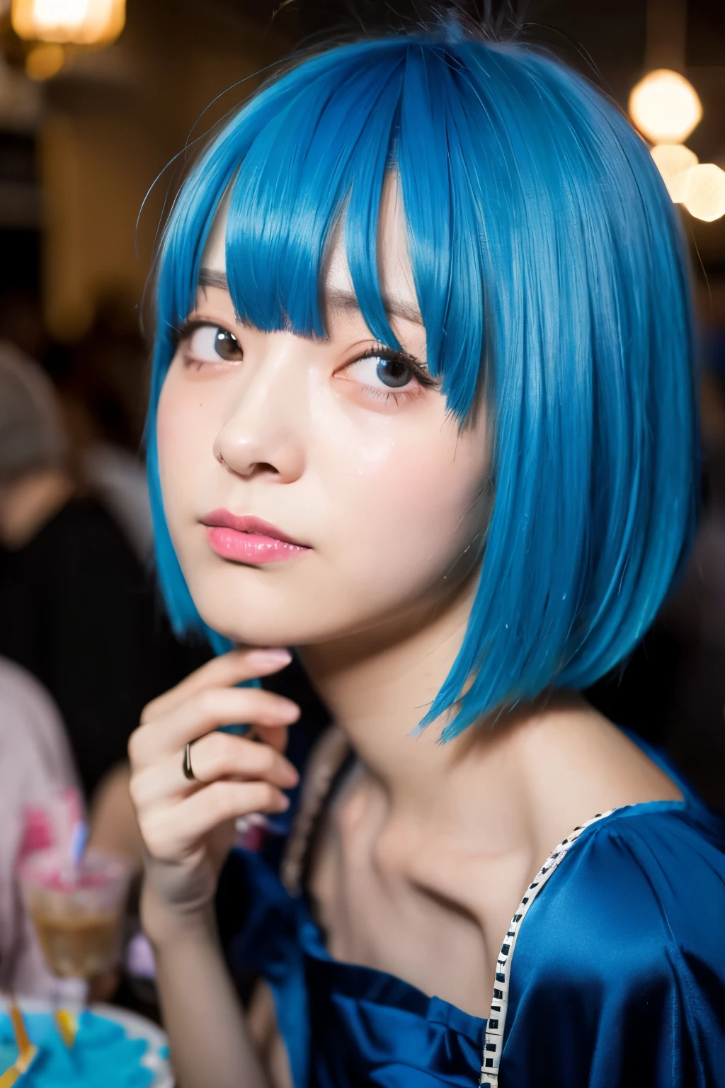 Blue hair, two-block short hair, 20-year-old girl, party girl style, crying face
