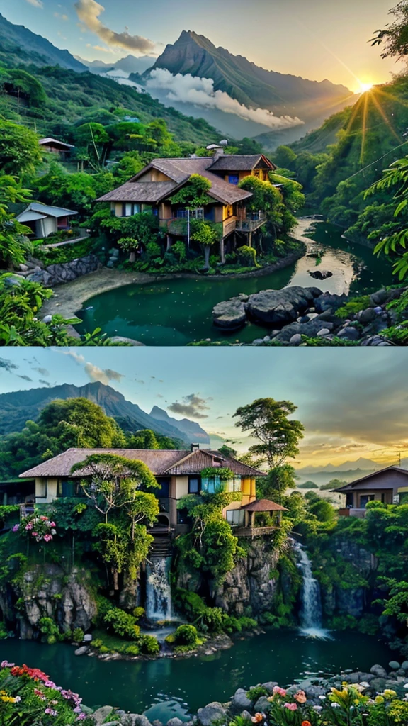 House in the jungle in front of the lake and waterfall nearby mountain with sun set and flowers 