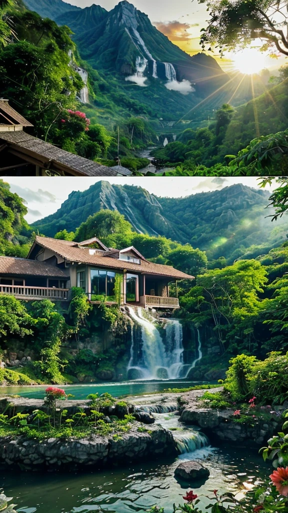 House in the jungle in front of the lake and waterfall nearby mountain with sun set and flowers