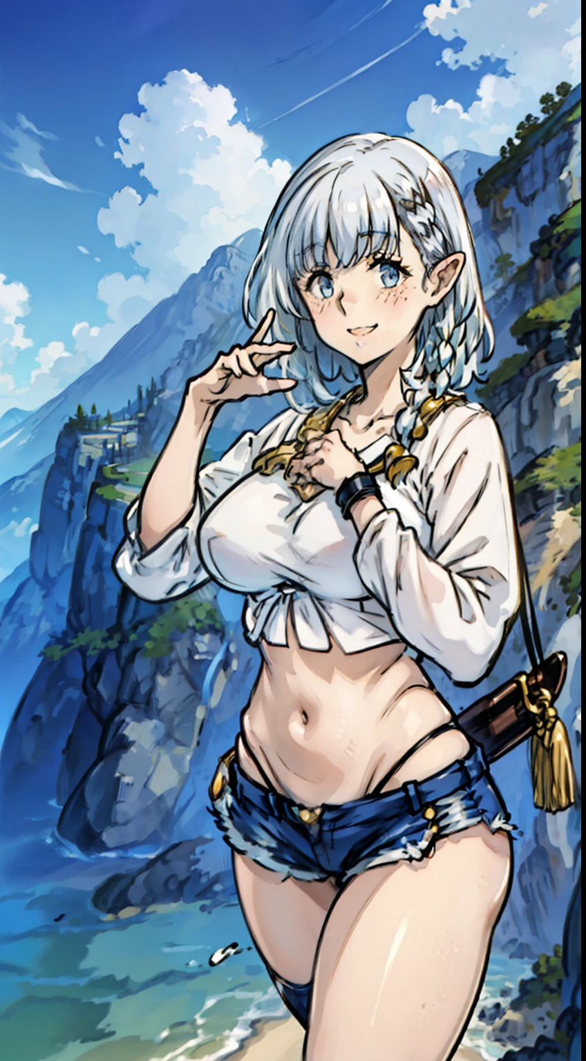 best quality, master piece), “Beta, Adult woman, body big , upper body, Paw Pose, smile, Laughing, Happy, ocean, crop top, shorts, White hair, freckles, blushing, looking at viewer, wavy hair, long hair, cloud, splashes, waves, sun, mountain, moist, medium chest, thick legs, thick thighs