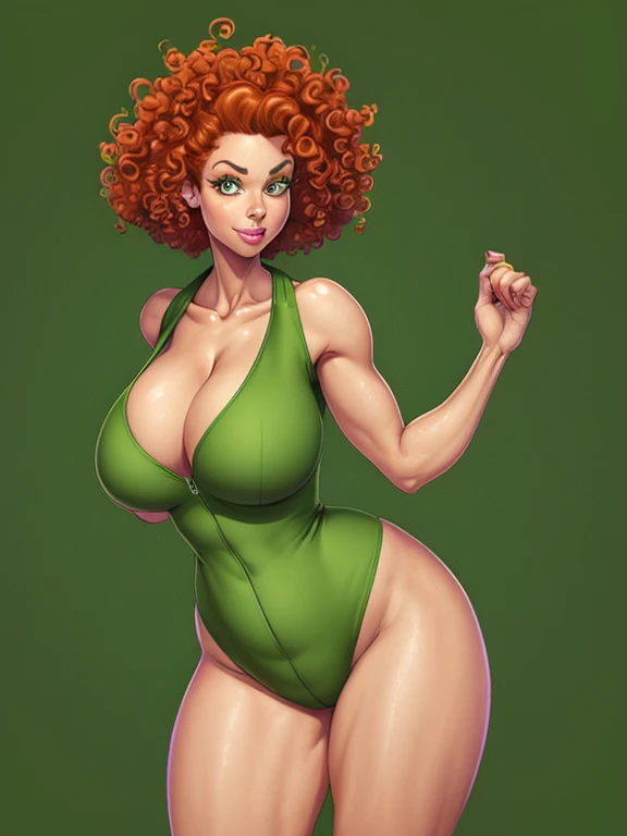 Digital drawing of a woman, wearing a green jumpsuit, tight to the body, showing the curves of her sexy body, athletic body, voluminous breasts, wide hips, toned thighs, red curly hair, brown eyes, thin eyebrows, upturned nose, full lips, 4k, Comic Babes