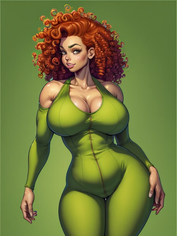 Digital drawing of a woman, wearing a green jumpsuit, tight to the body, showing the curves of her sexy body, athletic body, voluminous breasts, wide hips, toned thighs, red curly hair, brown eyes, thin eyebrows, upturned nose, full lips, 4k, Comic Babes