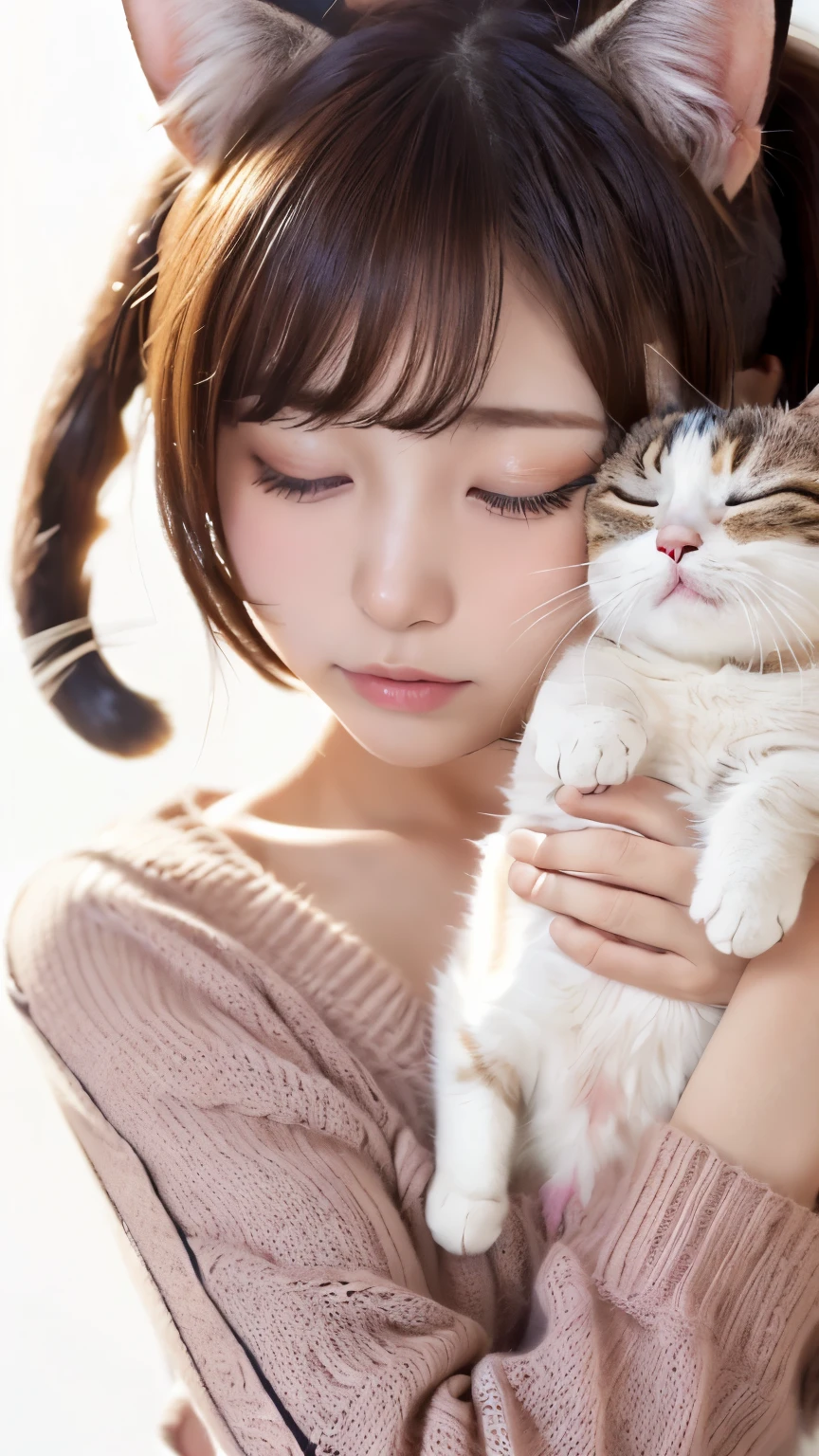 masterpiece, 4K, Bokeh, (cute:1.5), (beautiful girl:1.3), (Japanese Idols:1.6), (Cat ear:1.3) , (sweater:1.3),  (I like cats:1.6), Blushed,  (Holding a sleeping white cat:1.5), (Kiss the cat:1.3), (White Background :1.4), 