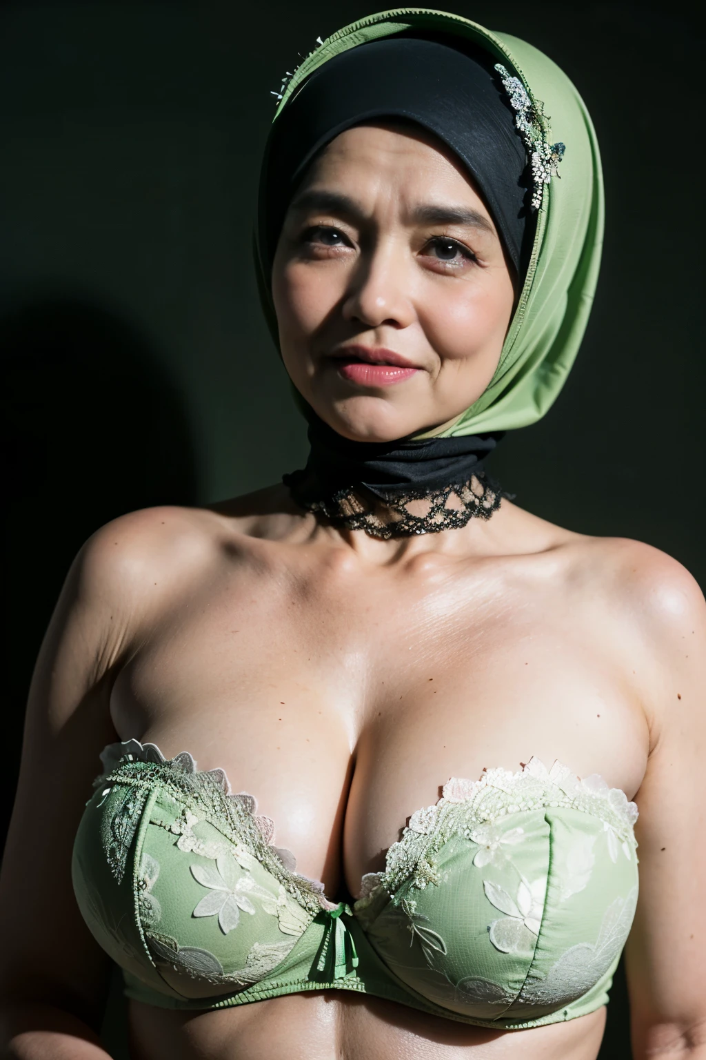 ((Gigantic tits:1.5)), (from behind up) seductive pose, ((Old lady:2.3)), (Happy smile), (((HIJAB MALAY GIRL))), masutepiece, High quality, UHD 32K, Realistic face, Realistic skin feeling , A Japanese Lady, 58 years old matured lady, (((FLAT CHEST))), (Night time at forest), ((look In front at the camera and SADNESS)), (((GREEN FLUORESCENT & GREEN FLUORESCENT))), (((GREEN FLUORESCENT LIPS)), ((Floral Pattern)), ((wearing pastel lace strapless bra)), dark night background , black forest night, horror scary place,