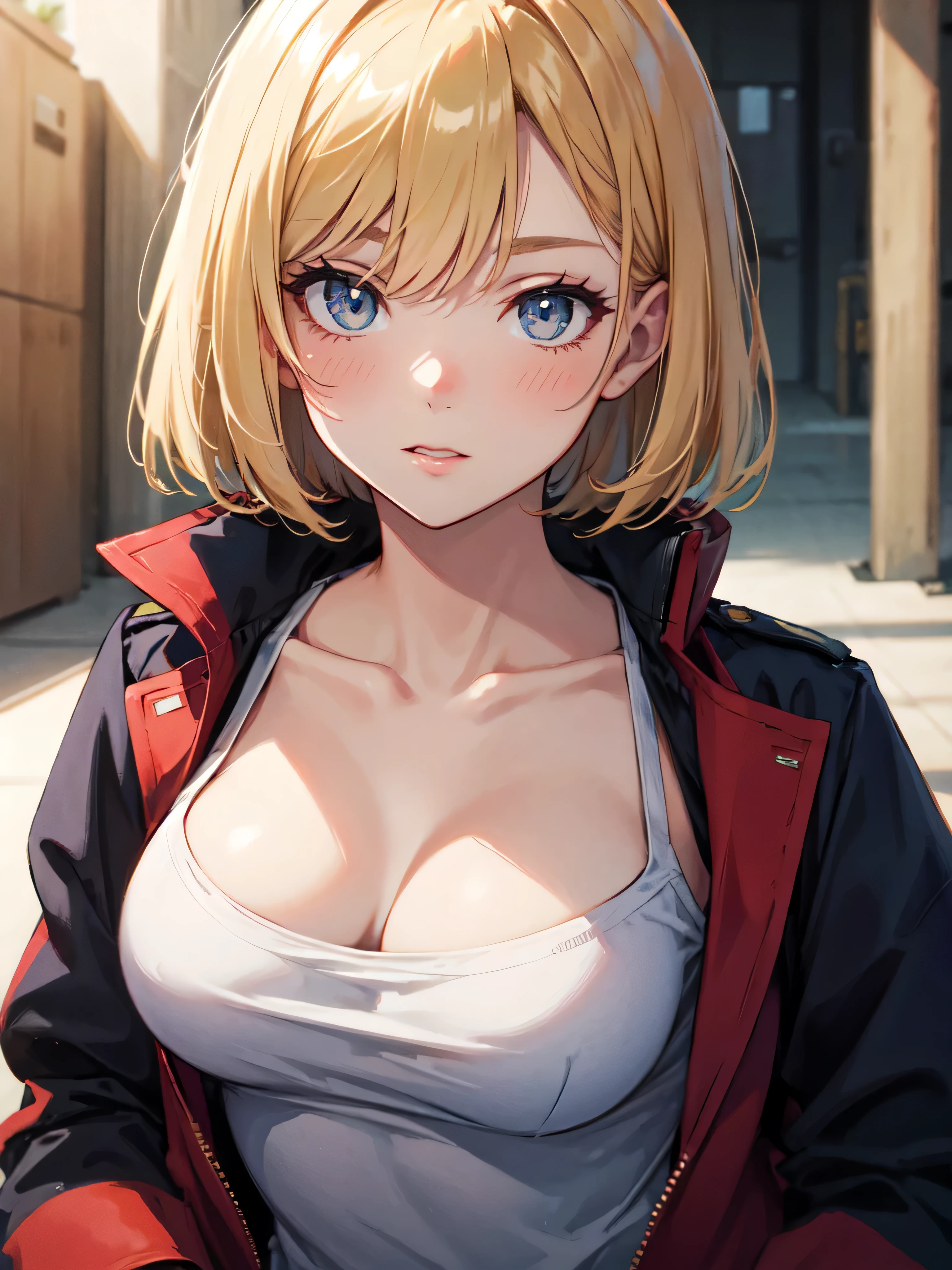 (UHigh resolution, retina, masterpiece, Accurate, Anatomically correct, Textured skin, Super Detail, Attention to detail, high quality, 最high quality, High resolution, 1080p, High resolution, 4K, 8k, 16k), (Beautiful fine details, beautiful lip detail, Highly detailed eyes and face), Studio Lighting, Physically Based Rendering, Vibrant colors, (Large Breasts, Attractive body), (red military jacket:1.5), (White tank top), (Portraiture, Bobcut, Blonde, Shiny Hair, Shiny skin, blush), (Bokeh), Eye Reflexes,