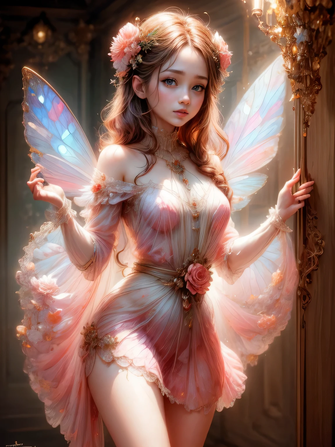 masterpiece: 1.2, highres,32k, photorealistic: 1.37, ultra-detailed: 1.2,cute girl(flower fairy), crimson transparent dress (flowing), beautiful delicate(hair,face,eyes,lips,thigh,clothes),delicate pupils,sparkling eyes,brilliant rosy lips,classic garden, colorful flowers, shower of light