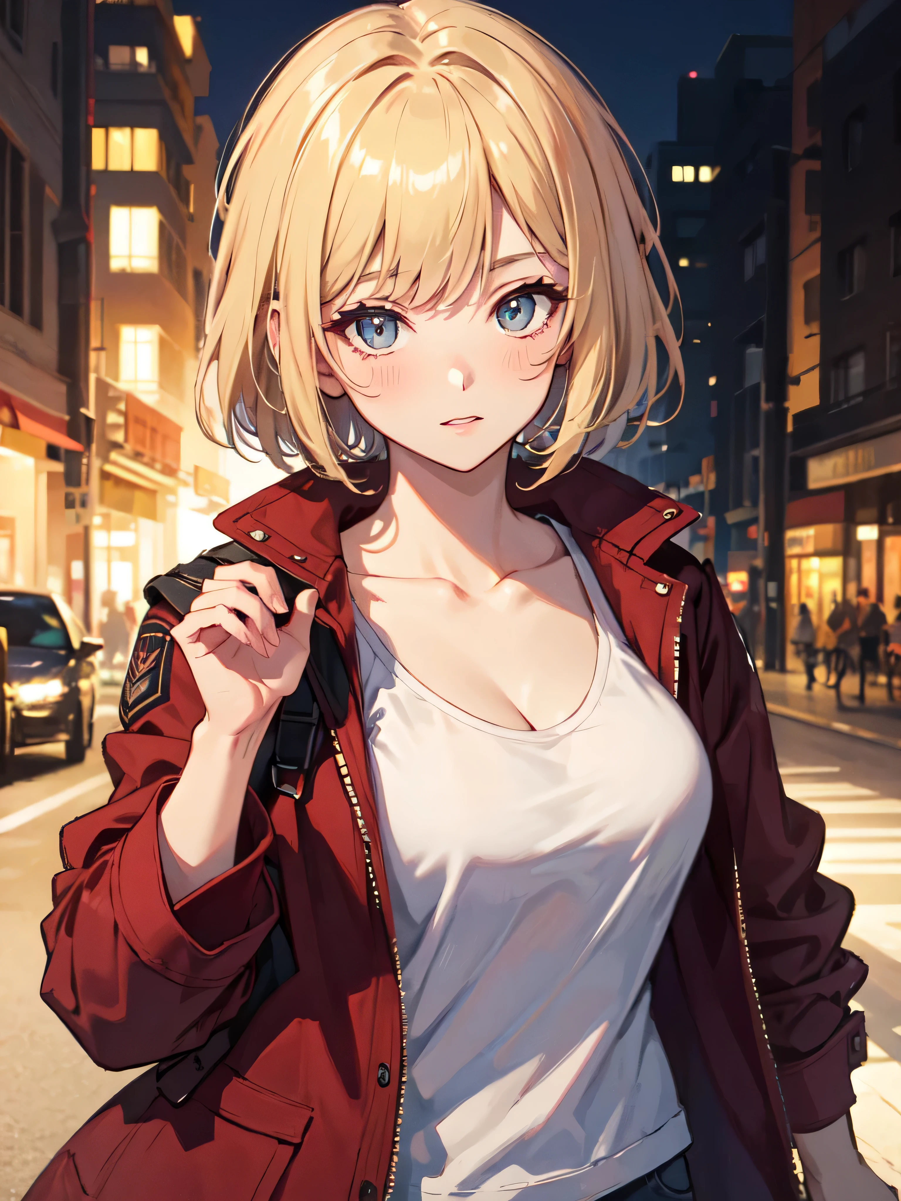 (UHigh resolution, retina, masterpiece, Accurate, Anatomically correct, Textured skin, Super Detail, Attention to detail, high quality, 最high quality, High resolution, 1080p, High resolution, 4K, 8k, 16k), (Beautiful fine details, beautiful lip detail, Highly detailed eyes and face), Studio Lighting, Physically Based Rendering, Vibrant colors, (Large Breasts, Attractive body), (red military jacket:1.5), (White tank top), (Portraiture, Bobcut, Blonde, Shiny Hair, Shiny skin, blush), (Bokeh), Eye Reflexes,
