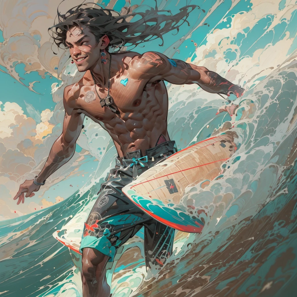 (best quality, realistic), (portrait:1.1), (full growth)(one young man, 20 years old, on the seashore), (surfing), (African hair), (not a giant), (smiling, in short shorts), (tanned), (normal shape, brown color), (wet hair, shoulder length), (sunny day, white clouds, blue sky), (high waves), (anti blue light).