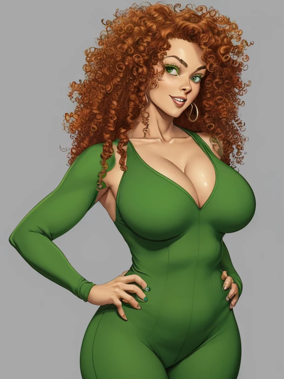 Digital drawing of a woman, wearing a green jumpsuit, tight to the body, showing the curves of her sexy body, athletic body, voluminous breasts, wide hips, toned thighs, red curly hair, brown eyes, thin eyebrows, upturned nose, full lips, 4k, Comic Babes